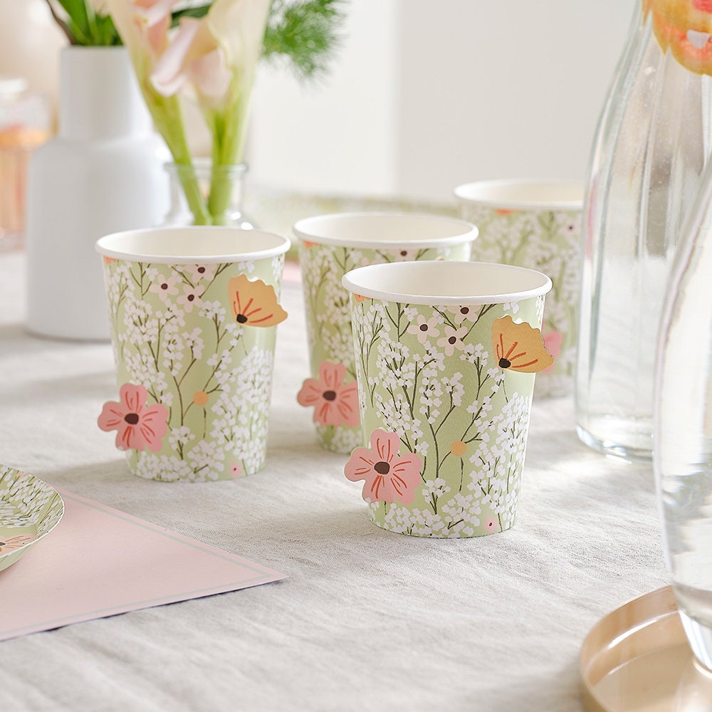 8 Floral Baby Shower Cups, Baby Shower Paper Cups, Neutral Baby Shower Decorations, Baby Shower Party Supplies, Floral Paper Cups Tableware