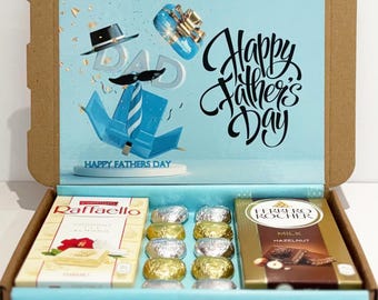 Regalo Ferrero per la Festa del Papà, confezione regalo con barrette e cuori di cioccolato, scatola regalo di cioccolatini per la Festa del Papà, design retrò con cappello e fiocco.