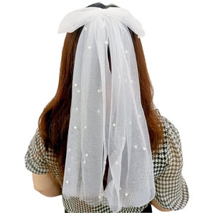 Perles de noeud de voile de mariage blanc, perles de voile d'enterrement de vie de jeune fille, voile de douche nuptiale, accessoires d'EVJF, voile de noeud de mariage, future voile