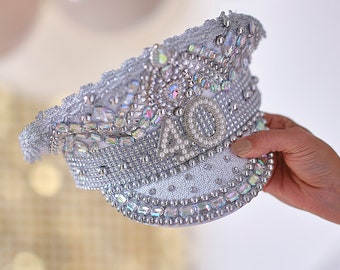 Chapeau 40e anniversaire en perles et strass, décorations 40e anniversaire, chapeau de capitaine d'anniversaire, cadeau 40e anniversaire, décoration 40e anniversaire, couronne d'anniversaire