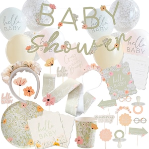 Bloemen babyshowerversieringen, neutrale babyshower feestartikelen, babyshowerballonnen, bord babyshower, bordjes babyshower servetten kopjes