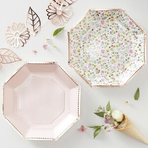 8 Rose Gold Floral Paper Plates, Birthday Plates, Wedding Plates, Hen Party Plates, Baby Shower Plates, Bridal Shower, Floral Party Supplies