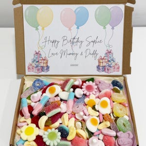 Caja de dulces de cumpleaños personalizada, caja de regalo de cumpleaños personalizada, dulces de cumpleaños, caja de dulces para elegir y mezclar, caja de dulces de cumpleaños para elegir y mezclar