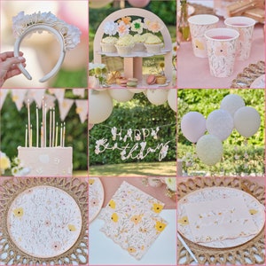 Decorazioni floreali per compleanni, articoli per feste a tema floreale, party pomeridiano con tè, piatti di carta floreali, tovaglioli, tazze, candele per torta di compleanno