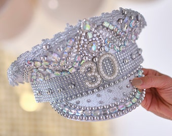 Rhinestone & Pearl 30th Birthday Hat, 30th Birthday Decorations, Birthday Captain Hat, 30th Birthday Gift, 30 Birthday Decor, Birthday Crown