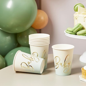 8 Sage Green Baby Shower Paper Cups, Neutral Baby Shower Decorations, Gender Reveal Cups, Baby Shower Party Cups, New Baby Party Tableware