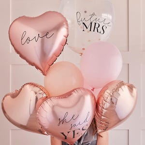 9 palloncini per addio al nubilato, decorazioni per addio al nubilato in oro rosa, palloncini a forma di cuore in oro rosa, ha detto sì, futura signora, addio al nubilato, addio al nubilato