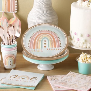 8 piatti di carta arcobaleno boho, articoli per feste arcobaleno, piatti per feste di compleanno, piatti unisex per baby shower, piatti di carta arcobaleno, stoviglie per feste