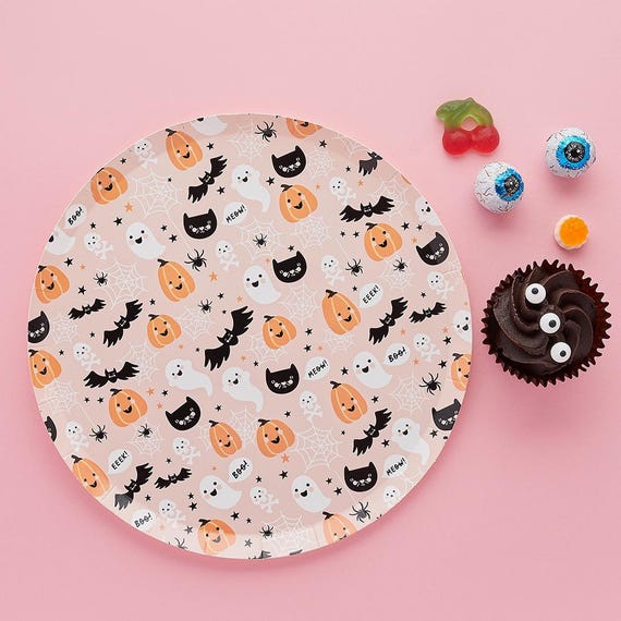 Pink Halloween Paper Plates, Halloween Party Plates, Halloween