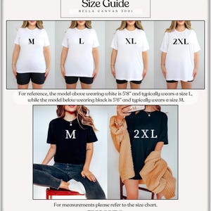 May include: Size guide graphic with models wearing white and black t-shirts in sizes M, L, XL, and 2XL. The text "Size Guide" and "BELLA CANVAS 3001" are at the top. The text "PINKMUNDO" is at the bottom.