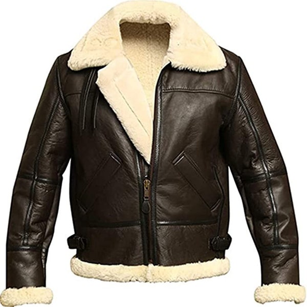 Herren B3 Bomber Aviator Shearling Schaffell Leder Winterjacke