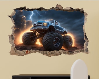May include: A blue monster truck with large tires drives through a cracked wall, with a lightning bolt in the background.