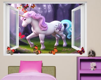 Sticker mural licorne arc-en-ciel avec papillons Sticker mural Lagre décoration lunatique chambre d'enfant 1165