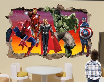 Avengers super-héros autocollant Mural Art décalcomanie murale impression numérique Spiderman Thor affiche garçons chambre 1122