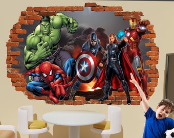 Avengers Stickers Muraux Héros Spiderman Hulk Thor Sticker Mural Affiche Enfants Garçons Chambre Décor 1113
