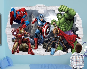 Super-héros Stickers Muraux Spiderman Hulk Ironman Avengers Sticker Mural Affiche Chambre Décor 1110