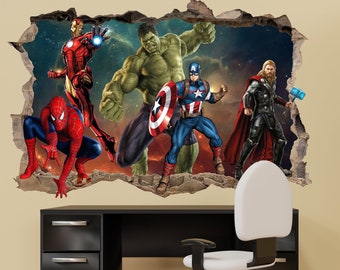 Autocollant Mural 3D Avengers – Hulk, Spider-Man, Captain America, Iron Man – Déco Enfant
