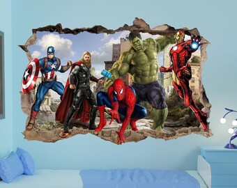 Wall Stickers Superheroes Decal Mural  Avengers Spiderman Hulk Thor Poster Kids Boys Room Decor 1117