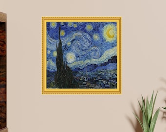 Van Gogh Sterrennacht Muursticker 3D Gouden Frame Effect Decal Muurschildering Poster Room Decor 1172