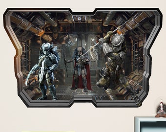 May include: Three Predator figures in a futuristic setting. The Predator on the left is wearing blue and gray armor, the Predator in the center is wearing red armor, and the Predator on the right is wearing green and brown armor.