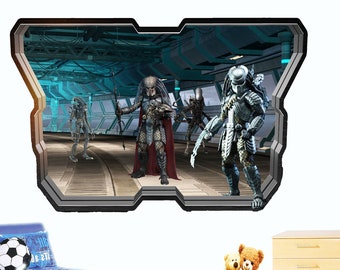 May include: A wall decal featuring a scene from the Predator movie franchise. The decal shows four Predators in a futuristic setting. The Predators are wearing their signature armor and weaponry. The decal is designed to look like a window into another world.