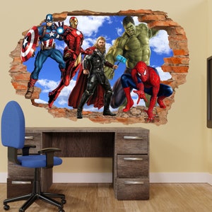 Spiderman Wall Sticker Decal Mural 3D Broken Effect Avengers Hulk Thor Poster Boys Room Decor 1119