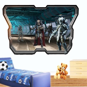 May include: A wall decal depicting a scene from the Predator film franchise. The decal shows four Predators in a futuristic setting. The Predators are wearing their signature armour and weaponry. The decal is designed to look like a window into another world.