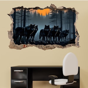 Wolf Pack Dark Forest Mural Decal Self-adhesive Wall Sticker Poster Room Office  Home Decor 1247