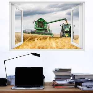 Naklejka ścienna traktor i kombajn z polami pszenicy, plakat dekoracyjny 334