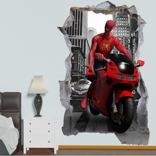 Spiderman Superhero Red Motorbike New York Streets Wall Sticker Decal Mural Poster Decor 1060