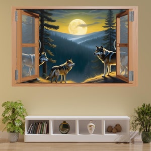 Wolf Pack Wood Cabin Window Wall Sticker Mural Decal Self-adhesive Poster Bedroom Nursery Office Home Decor 1252