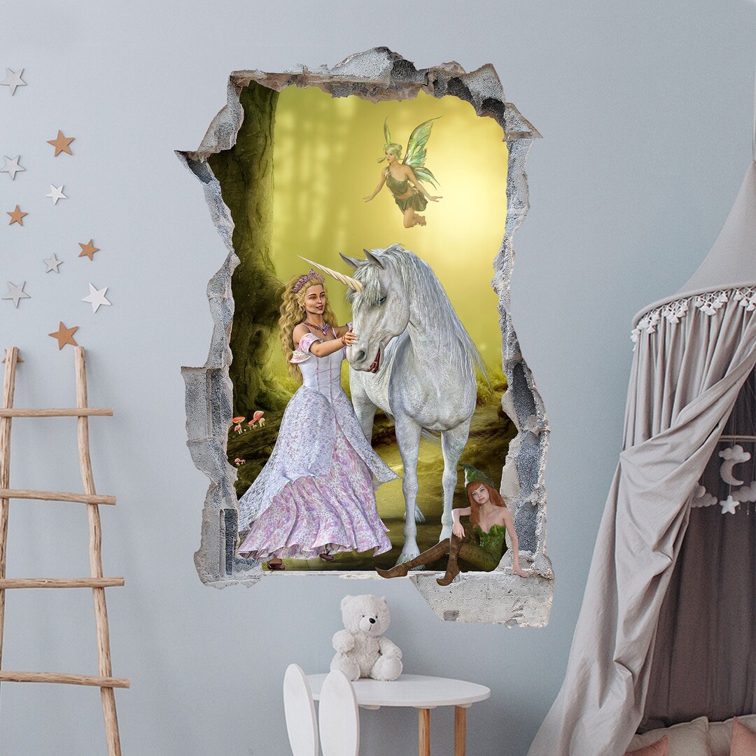 Unicorn Fairy Princess Enchanted Forest Wall Sticker Decal Mural Poster ...