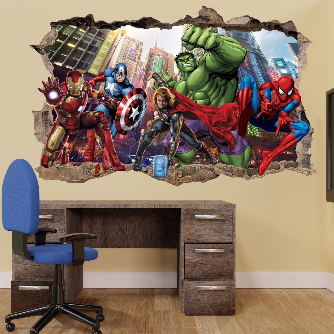 ZE HIAN 3D Avengers Breaking Through Wall Sticker 3D Hulk Captain America Children Boys Wall Decals Peel and Stickers for Walls Bedroom Living Room Home Décor(15.7X23.7) Inch (YG50-W02
