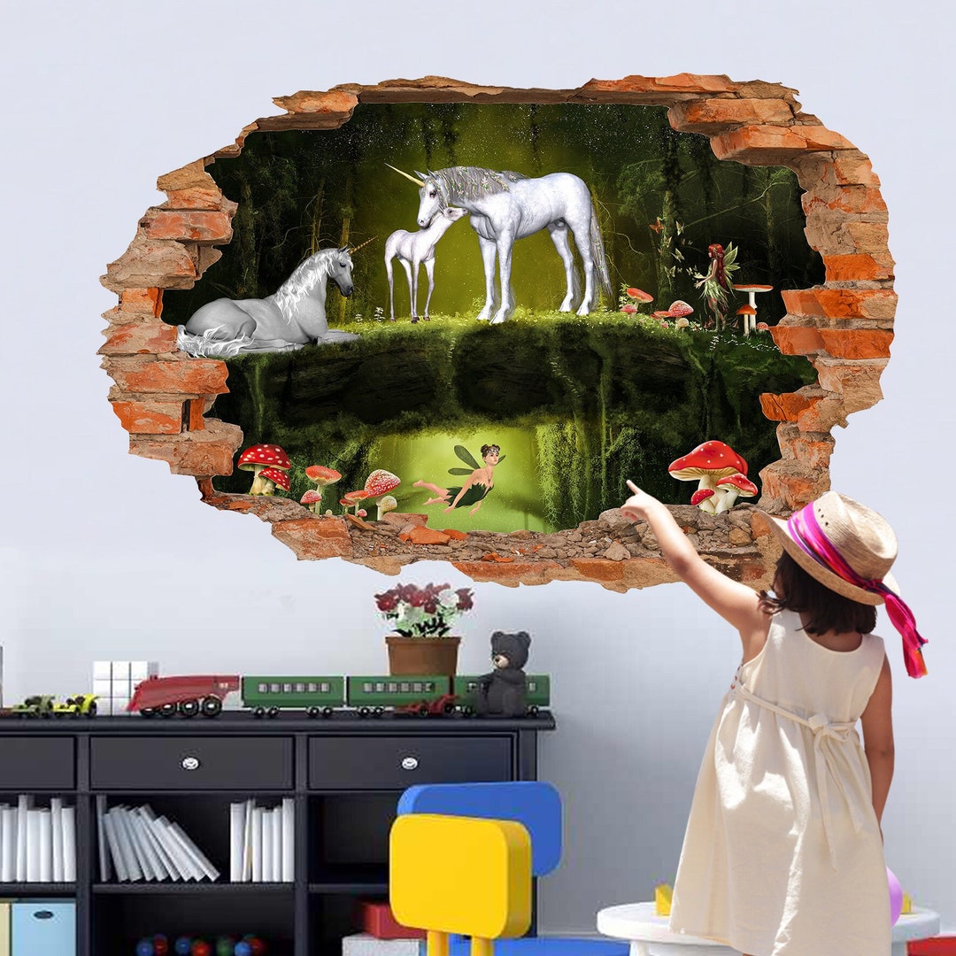 Unicorns Fairies Enchanted Forest Wall Sticker Decal Mural Poster Decor ...