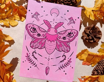 Pink Moth Mythical art print - A5