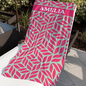 Personalized Botanical Beach Towel, Hot Pink Tropical Leaf Pattern, Custom Name