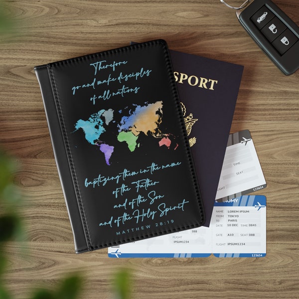 Matthew 28:19 Go and Make Disciples Passport Cover, Christian Travel Bag, Bible Verse Passport Holder, World Map Wallet, Gift for Missionary