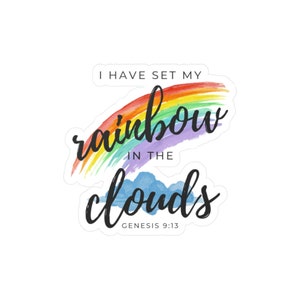 Genesis 9:13 Rainbow Bible Verse, God's Promise Sticker, Christian Decal, Faith in God Water Bottle Sticker, Sky Clouds Waterproof Sticker