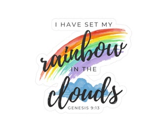 Genesis 9:13 Rainbow Bible Verse, God's Promise Sticker, Christian Decal, Faith in God Water Bottle Sticker, Sky Clouds Waterproof Sticker
