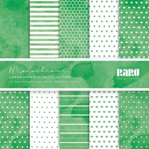 Set di 10 Carte digitali acquerello color verde - pattern digitale per stampa ad alta risoluzione - formato scrapbooking 305x305mm