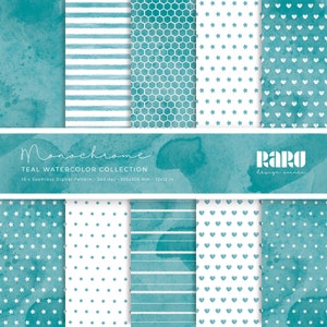 Set di 10 Carte digitali acquerello color verde acqua - pattern digitale per stampa ad alta risoluzione - formato scrapbooking 305x305mm
