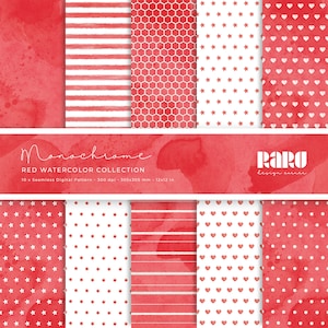 Set di 10 Carte digitali acquerello color rosso - pattern digitale per stampa ad alta risoluzione - formato scrapbooking 305x305mm