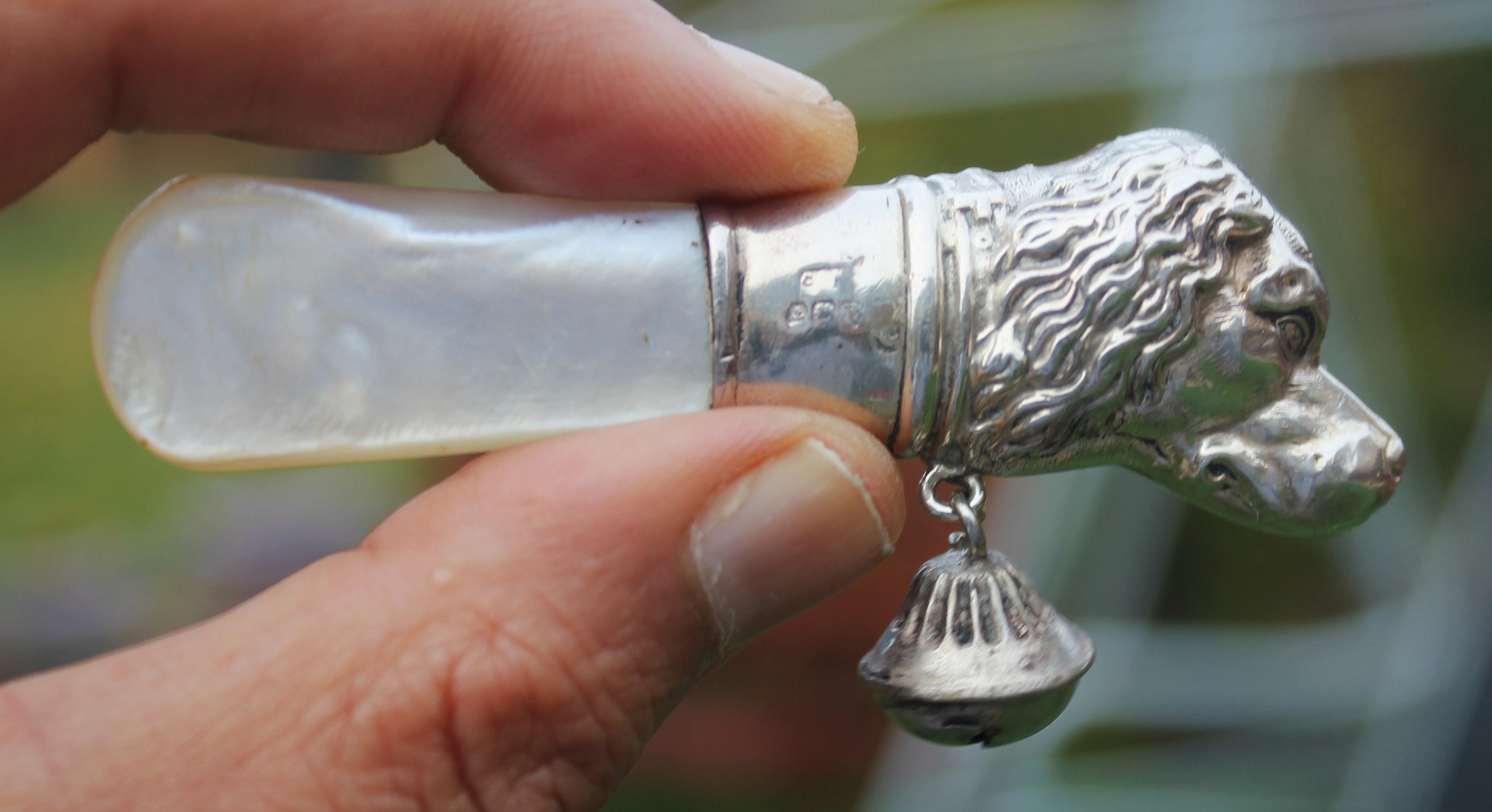 Silver Teether Antique Sterling Silver Dog Head Baby Rattle and Teether With Mother of ...
