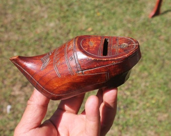 Old  Carved Wooden  Clog Money Box Piggy Bank  Souvenir From Antwerp