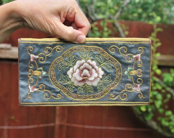 Antike viktorianische Seidenstickerei auf Seide Einfache 1 Fach Clutch Tasche --Florales Motiv