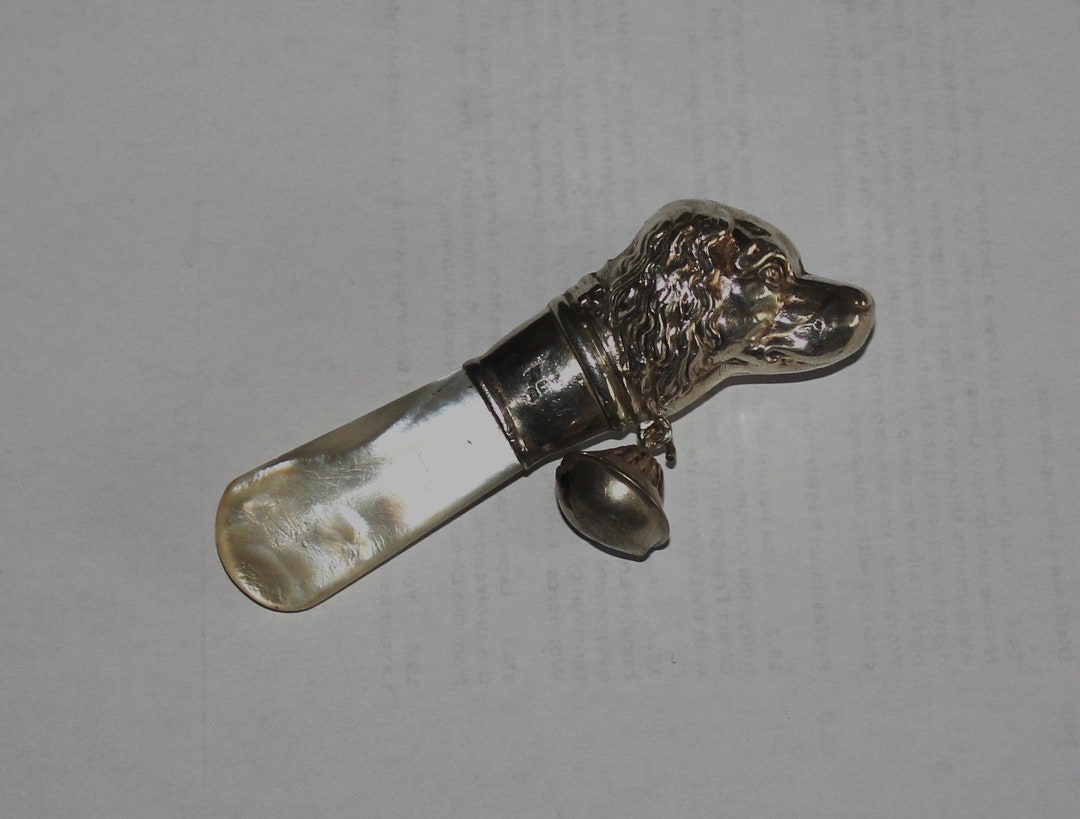 Silver Teether Antique Sterling Silver Dog Head Baby Rattle and Teether With Mother of ...