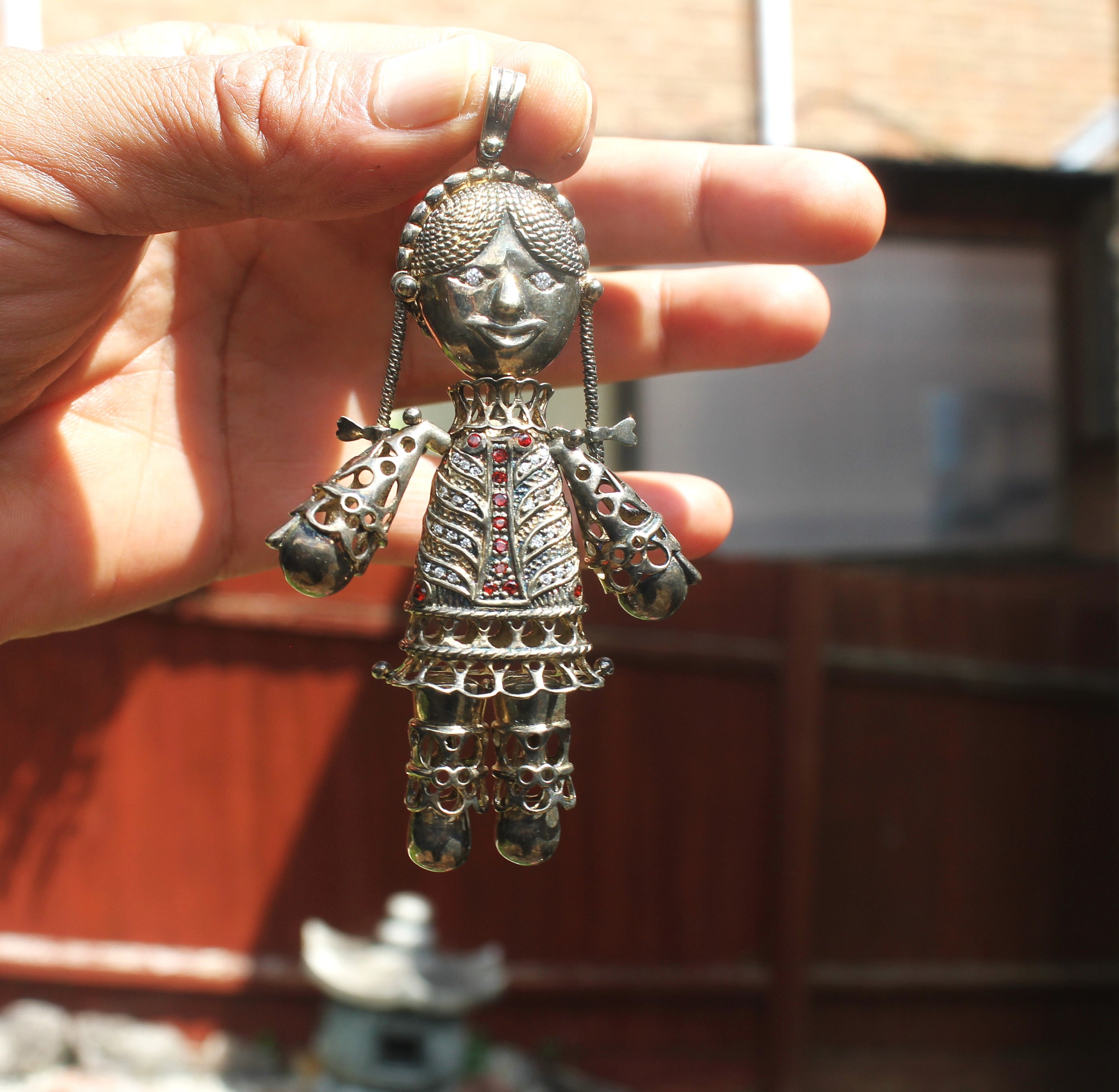 Large Vintage Sterling Silver Gold gilt Rag Doll Pendant With