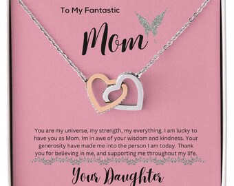 To My Fantastic Mom. Hearts Necklace Pendant from Daughter to Mother. Handmade Jewelry Gifts to Her in Gold or Silver Finish.
