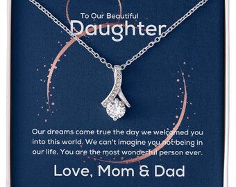 To Our Beautiful Daughter. Silver/Gold Pendant Jewelry Gift. Present For Daughter Birthday, Christmas from parents Mom Dad.