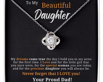 To My Beautiful Daughter - From Dad - Jewelry Message Card Gift for Christmas or Birthday - White or Yellow Gold Pendant Necklace Gift